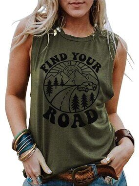 Women's Green Loose Fit Tank Top Summer Sleeveless Graphic Camisole Shirt Causal